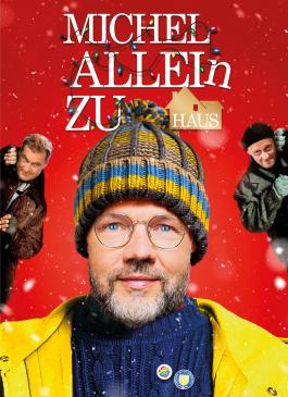 A man in glasses and a knitted hat stands in the center against a snowy red background. Two men flank him, wearing winter coats, with 